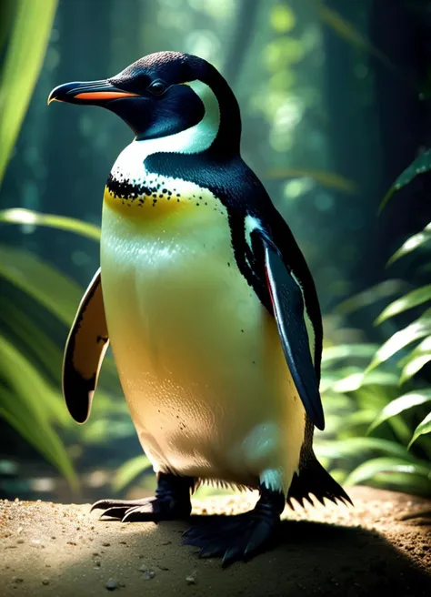 a (penguin:1.3) visiting Congo Basinâs rainforest, subsurface scattering, Photorealistic, Hyperrealistic, analog style, realistic, film photography, soft lighting, heavy shadow