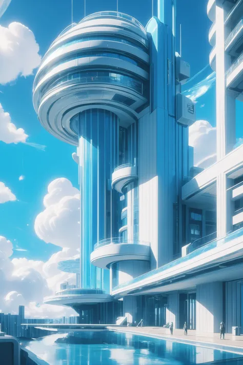optimistic utopian brutalism, cinematic color grading, noon, blue sky, clouds, architecture, "at the Sublime Singularity"<lora:EnvyScifiStreamlineXL01:1>