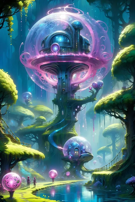 (floating_translucent_arcane_swirls:1.2), mist, blue_magic_glow, dense forest, villeage, futuristic tree houses, solar-punk, people doing chores, , bush, flowers, ivy, vines, <lora:add-detail-xl:1> misc, <lora:Elemental Wisps:0.7> DonMW15pXL <lora:EnvyScifiStreamlineXL01:0.8> <lora:Retro_Illustration:1> 2d game scene, oil and watercolor painting, (masterpiece:1.2), best quality, (hyperdetailed, highest detailed:1.2), high resolution textures, <lora:EnvyBetterHiresFixXL01:1>