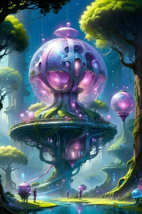 (floating_translucent_arcane_swirls:1.2), mist, blue_magic_glow, dense forest, villeage, futuristic tree houses, solar-punk, people doing chores, , bush, flowers, ivy, vines, <lora:add-detail-xl:1> misc, <lora:Elemental Wisps:0.7> DonMW15pXL <lora:EnvyScifiStreamlineXL01:0.8> <lora:Retro_Illustration:1> 2d game scene, oil and watercolor painting, (masterpiece:1.2), best quality, (hyperdetailed, highest detailed:1.2), high resolution textures, <lora:EnvyBetterHiresFixXL01:1>