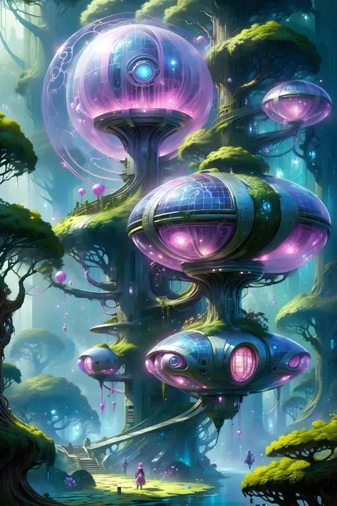 (floating_translucent_arcane_swirls:1.2), mist, blue_magic_glow, dense forest, villeage, futuristic tree houses, solar-punk, people doing chores, , bush, flowers, ivy, vines, <lora:add-detail-xl:1> misc, <lora:Elemental Wisps:0.7> DonMW15pXL <lora:EnvyScifiStreamlineXL01:0.8> <lora:Retro_Illustration:1> 2d game scene, oil and watercolor painting, (masterpiece:1.2), best quality, (hyperdetailed, highest detailed:1.2), high resolution textures, <lora:EnvyBetterHiresFixXL01:1>