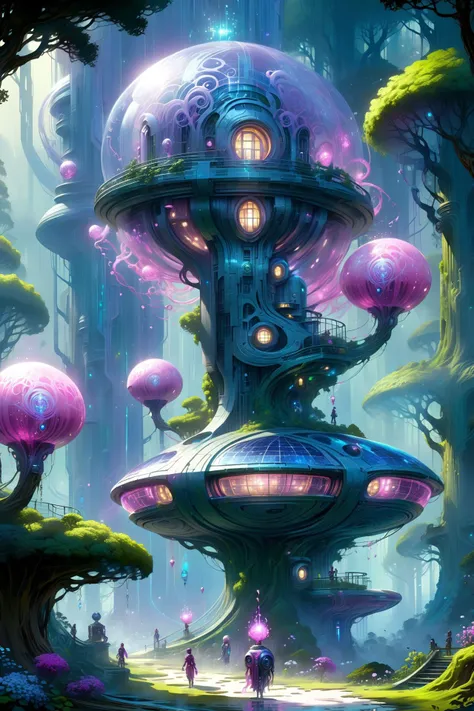 (floating_translucent_arcane_swirls:1.2), mist, blue_magic_glow, dense forest, villeage, futuristic tree houses, solar-punk, people doing chores, , bush, flowers, ivy, vines,  <lora:add-detail-xl:1> misc, <lora:Elemental Wisps:0.7> DonMW15pXL  <lora:EnvyScifiStreamlineXL01:0.8>  <lora:Retro_Illustration:1> 2d game scene, oil and watercolor painting, (masterpiece:1.2), best quality, (hyperdetailed, highest detailed:1.2), high resolution textures, <lora:EnvyBetterHiresFixXL01:1>