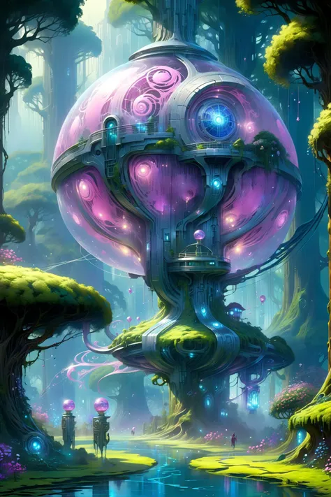 (floating_translucent_arcane_swirls:1.2), mist, blue_magic_glow, dense forest, villeage, futuristic tree houses, solar-punk, people doing chores, , bush, flowers, ivy, vines, <lora:add-detail-xl:1> misc, <lora:Elemental Wisps:0.7> DonMW15pXL <lora:EnvyScifiStreamlineXL01:0.8> <lora:Retro_Illustration:1> 2d game scene, oil and watercolor painting, (masterpiece:1.2), best quality, (hyperdetailed, highest detailed:1.2), high resolution textures, <lora:EnvyBetterHiresFixXL01:1>