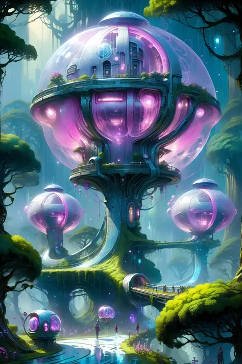 (floating_translucent_arcane_swirls:1.2), mist, blue_magic_glow, dense forest, villeage, futuristic tree houses, solar-punk, people doing chores, , bush, flowers, ivy, vines, <lora:add-detail-xl:1> misc, <lora:Elemental Wisps:0.7> DonMW15pXL <lora:EnvyScifiStreamlineXL01:0.8> <lora:Retro_Illustration:1> 2d game scene, oil and watercolor painting, (masterpiece:1.2), best quality, (hyperdetailed, highest detailed:1.2), high resolution textures, <lora:EnvyBetterHiresFixXL01:1>