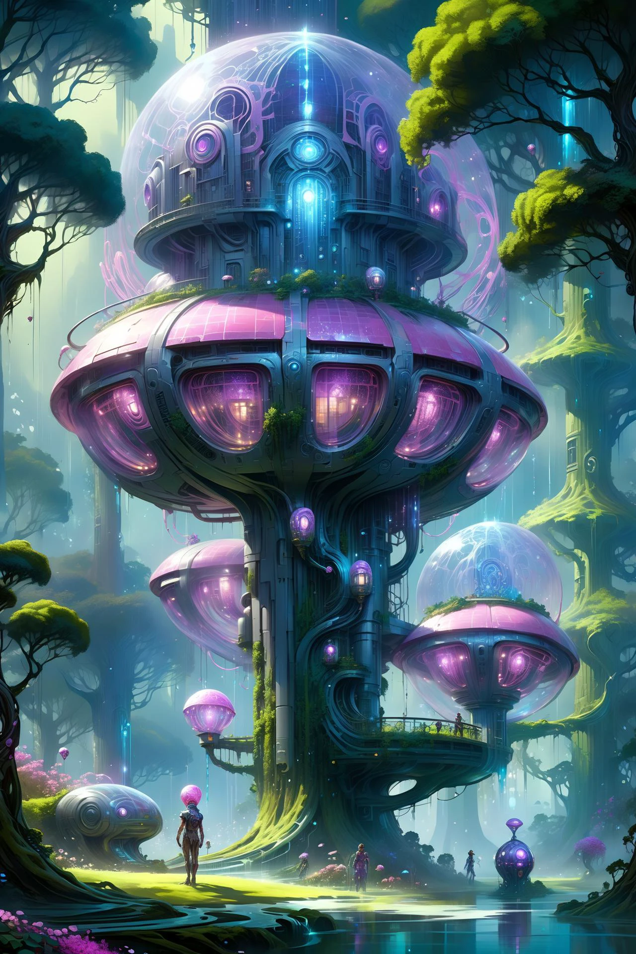 (floating_translucent_arcane_swirls:1.2), mist, blue_magic_glow, dense forest, villeage, futuristic tree houses, solar-punk, people doing chores, , bush, flowers, ivy, vines, <lora:add-detail-xl:1> misc, <lora:Elemental Wisps:0.7> DonMW15pXL <lora:EnvyScifiStreamlineXL01:0.8> <lora:Retro_Illustration:1> 2d game scene, oil and watercolor painting, (masterpiece:1.2), best quality, (hyperdetailed, highest detailed:1.2), high resolution textures, <lora:EnvyBetterHiresFixXL01:1>