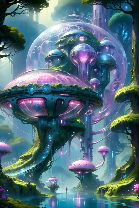 (floating_translucent_arcane_swirls:1.2), mist, blue_magic_glow, dense forest, villeage, futuristic tree houses, solar-punk, people doing chores, , bush, flowers, ivy, vines, <lora:add-detail-xl:1> misc, <lora:Elemental Wisps:0.7> DonMW15pXL <lora:EnvyScifiStreamlineXL01:0.8> <lora:Retro_Illustration:1> 2d game scene, oil and watercolor painting, (masterpiece:1.2), best quality, (hyperdetailed, highest detailed:1.2), high resolution textures, <lora:EnvyBetterHiresFixXL01:1>