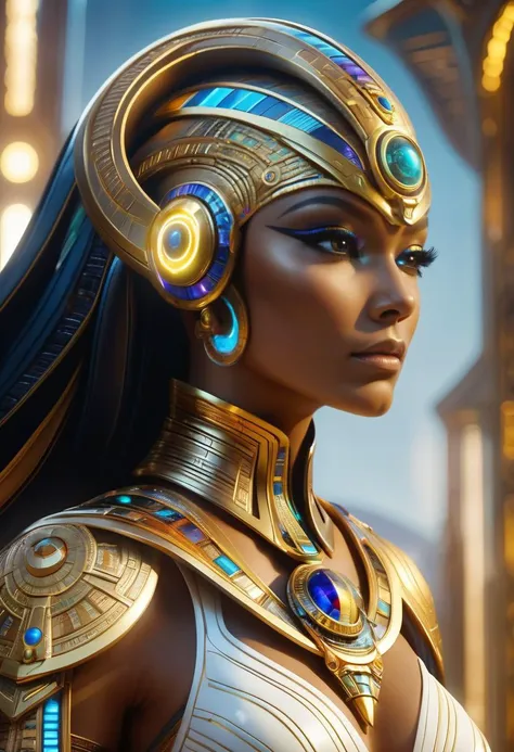 (best quality, masterpiece, absurdres, highres, ultra_detailed, dynamic angle, psychedelic:1.2), (a beautiful ancient egypt witch queen, (1girl:1.3), ancient egyptian clothes with (embedded cybernetics:1.6), collar with incrusted colorful gems, golden fingerless gauntlets with embedded (slitherin glowing runes:1.3), helmet with psionic capabilities, white cape with celestial patterns, tan skin), (in dynamic pose:1.3), (full body view:1.4), solo, alone, futuristic, sci-fi, (intricate details, hyperdetailed:1.15), (ultrahigh resolution textures), bokeh, (volumetric, cinematic) lighting, DonMX3n0T3chXL, <lora:DonMX3n0T3chXL-000006:0.5>, <lora:EnvyScifiStreamlineXL01:0.4>