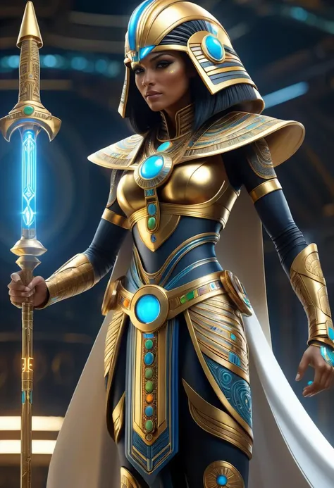 (best quality, masterpiece, absurdres, highres, ultra_detailed, dynamic angle, psychedelic:1.2), (a beautiful ancient egypt battle wizard, (1girl:1.3), ancient egyptian clothes with (embedded cybernetics:1.6), collar with incrusted colorful gems, golden fingerless gauntlets with embedded (slitherin glowing runes:1.3), helmet with psionic capabilities, white cape with celestial patterns, tan skin, (holding a (long energy staff)):1.3), (in dynamic pose:1.3), (full body view:1.4), solo, alone, futuristic, sci-fi, (intricate details, hyperdetailed:1.15), (ultrahigh resolution textures), bokeh, (volumetric, cinematic) lighting, DonMX3n0T3chXL, <lora:DonMX3n0T3chXL-000006:0.2>, <lora:EnvyScifiStreamlineXL01:0.4>