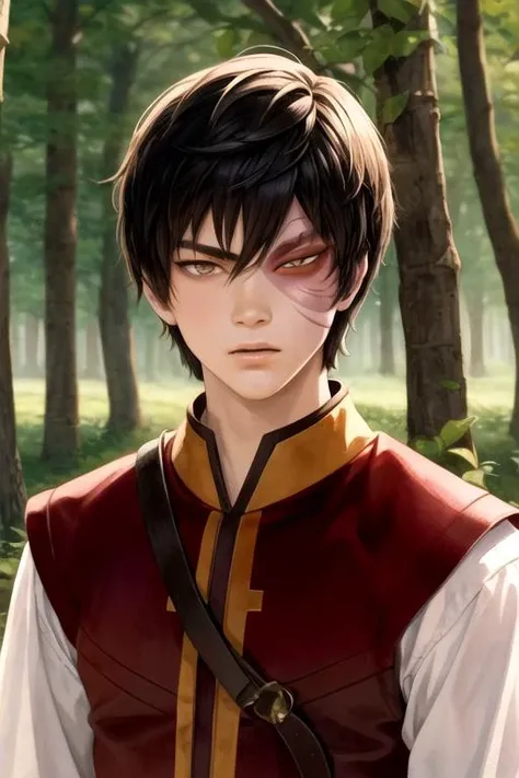 masterpiece, best quality, movie still, 1boy, solo, male focus, looking at viewer, upper body, , (watercolor illustration, soft pastel colors:1.1), realistic, <lora:zuko_avatar:0.76>, zuko_avatar, , brown eyes, short hair, scar on face, ninja costume, social science fiction, HD