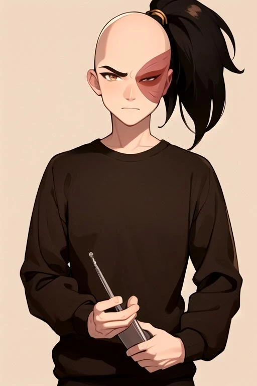 masterpiece, best quality, wallpaper, 1boy, solo, male focus, looking at viewer, upper body, , , , <lora:zuko_avatar:0.68>, zuko_avatar, black hair, brown eyes, bald, ponytail, , sweatshirt, tam, workshop,