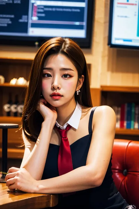 Best quality, masterpiece, ultra high res, (photorealistic:1.4), raw photo, <lora:Disown8290_Solbin_v1.0:1.0>solbin,necktie, earrings, cafe,