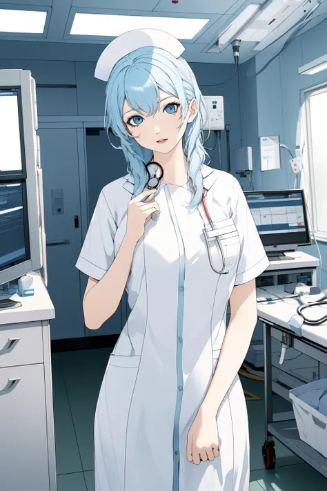 (RAW photo, best quality), wide angle photo, masterpiece, 1girl,  natural lighting
hospital, operating room, surgical gloves, 
(((White))) nurse uniform smooth, nurse, nurse hat, stethoscope  <lora:NurseUniform0_1:0.8>,
 <lora:naomi_kimishima_v1_2-000008:1>, naomi_kimishima,