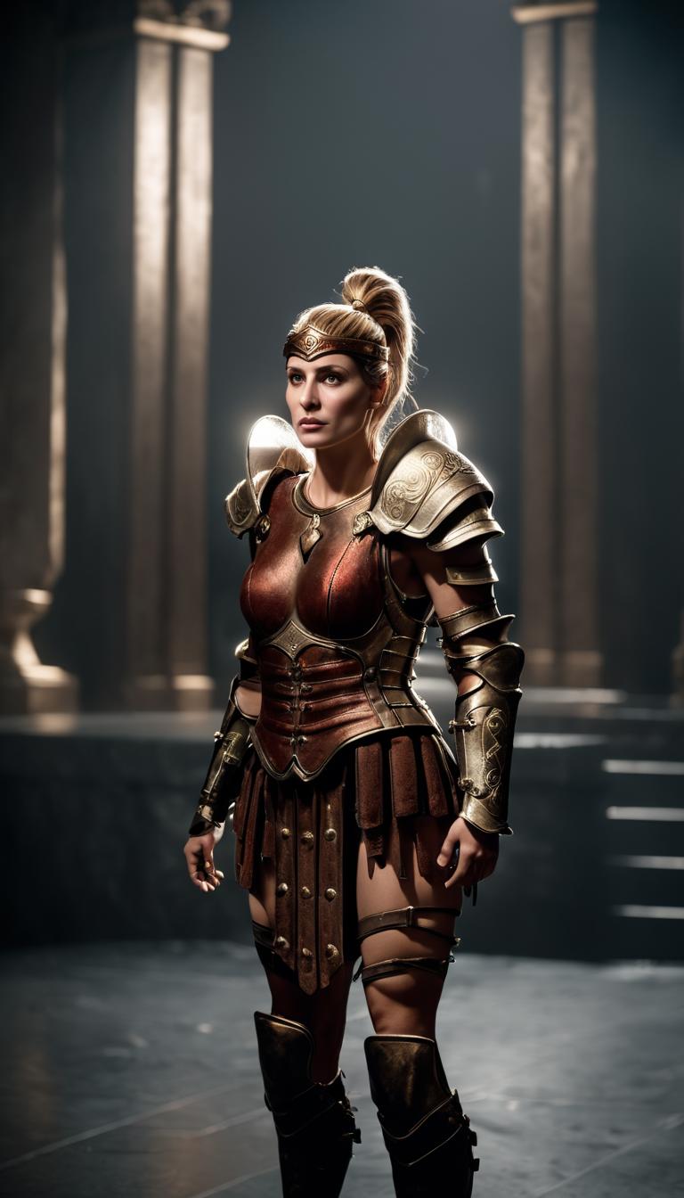 A woman in armor standing in a dark room - SeaArt AI