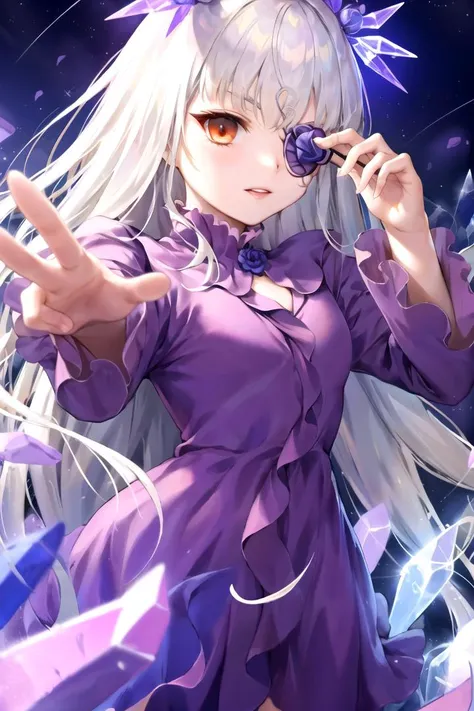 masterpiece, best quality, 1girl, <lyco:Barasuishou-000008:1.0>, barasuishou, hair ornament, eyepatch, dress, night, sky, crystal