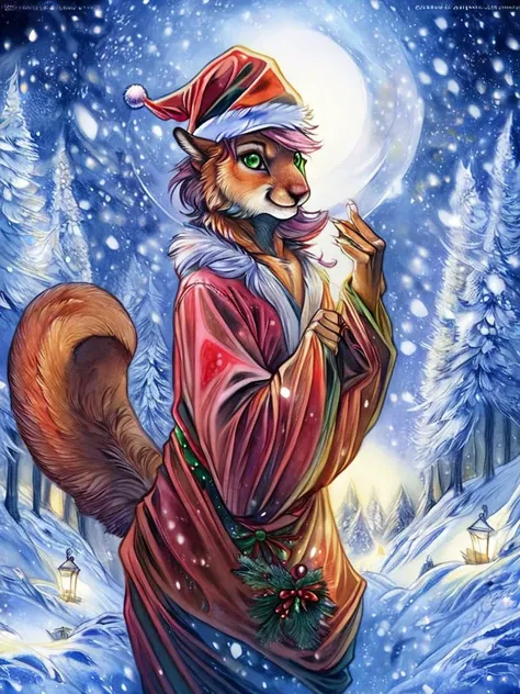 <lora:more_details:0.25>, frevilisk, nelly63, solo, androgynous, (photorealism:1.2), (red squirrel:1.3), (red fur:1.1), green eyes, submissive female, ( short pink hair:1.1), small breasts, cute, smile, (santa suit), santa hat, (baggy clothing)
BREAK
christmas, holiday, outdoors, winter, snow, night, cinematic lighting, detailed background, depth of field, half body shadow, looking at camera, SFW, [backlighting], [detailed ambient light], [warm natural lighting], [realistic proportions], [sharp focus],  shaded, hi res, (masterpiece:1.2) <lora:ChristmasDecorativeStyle:0.25> ChristmasDecorativeStyle <lora:Stephanie_Law_LoRa:1> stephanie_law_style, <lora:3dSlider_JRPG_v1:-1>