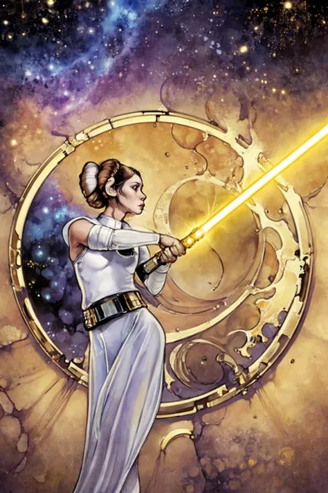 Drawing of (Princess Leia:1.1) with a lightsaber, space background, fantasy art <lora:Stephanie_Law_LoRa:1> stephanie_law_style, detailed, sharp, HD, HDR, masterpiece, best quality, best resolution, golden ratio, splashscreen, cinematic lighting, depth of field, epic, dramatic