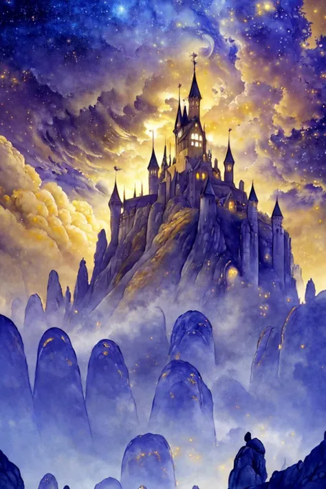 a painting of a castle in the sky with a lot of clouds and stars above it and a lot of people standing on the rocks, a detailed matte painting, fantasy art <lora:Stephanie_Law_LoRa:1> stephanie_law_style, detailed, sharp, HD, HDR, masterpiece, best quality, best resolution, golden ratio, splashscreen, cinematic lighting, depth of field, epic, dramatic