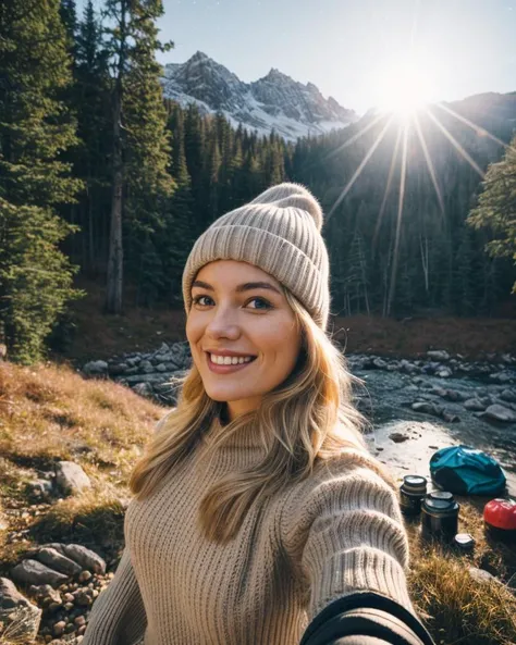 fot, beautiful blonde woman photo, Selfie, trunk, standing alone, wearing pullover, plein-air, (natta), mountainscape, real life nature, stele, moonligh, happy, glad, mitts, sweater, bonnet, forst, stones, Riu, Wood, smoke, fog, looking ahead at viewer, texture skin, photo grain, close up, CRU photo