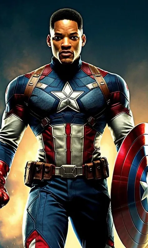 Tarantino style Will Smith as Captain America 8k, high definition, detailed face, detailed face, detailed eyes, detailed suit, in style of marvel and dc, hyper-realistic, + cinematic shot + dynamic composition, incredibly detailed, sharpen, details + superb details + evening with light + perfectionism + award winning realism ((moody lighting)) photo realistic, ultra details, natural light, light background