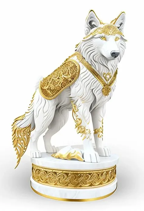 gorgeous wolf statue with gold filigree :: carved marble, white background