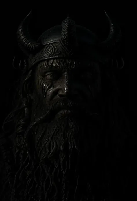 Close-up of Viking King emerging from wet black mud :: Dark metal helmet with two large black horns on the sides of the helmet :: dark warpaint :: scruffy black beard :: angry expression :: scar on face :: Viking Axe :: cinematic lighting, blood, volumetric rays, moody, wet, dripping mud, day light, ocean