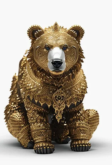 gorgeous Bear statue with golden filigree on white background, epic, octane render, very detailed, hyper-realistic, photorealistic, cinematic, moody, angry