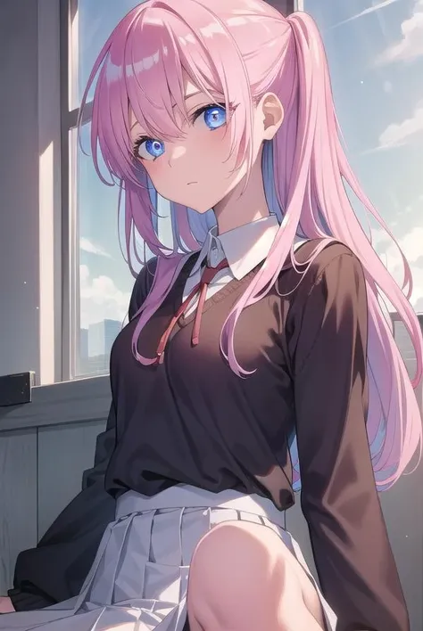 (Delicate and beautiful eyes and delicate face, Masterpiece side light, tmasterpiece, Best quality at best, Detailed pubic hair, high-resolution illustrations), (1 girl, beuaty girl, Glossy glossy skin, looking-down, looking at viewert), ( long azure hair, a pink eyes, a skirt, ribbons, Button-up shirt) 45 degree, top views,  Side Body, (Hand detail)