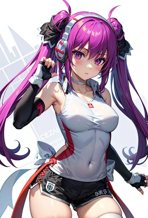((masterpiece, best quality)), 1girl, mizushiro celica, purple eyes, purple hair, twintails, (lincle:1.1), short shorts, choker, fingerless gloves, white thighhighs, headphones, white gloves, white shirt <lyco:mizushiroCelicaBeatmania:0.7>