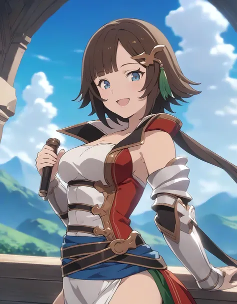 1girl, solo, leona \(granblue fantasy\), cowboy shot, looking at viewer, smile, open mouth, beautiful detailed background, landscape, sirld, blue sky, white cloud, anime screencap, masterpiece, best quality, <lora:LeonaXL20240518-10:0.75>