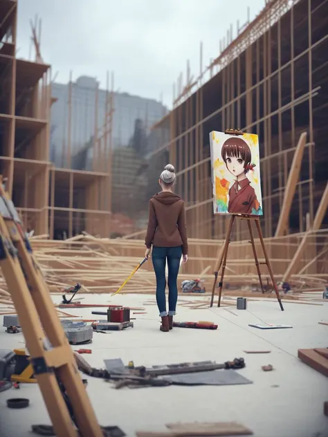 arafed man standing in front of a painting on a easel