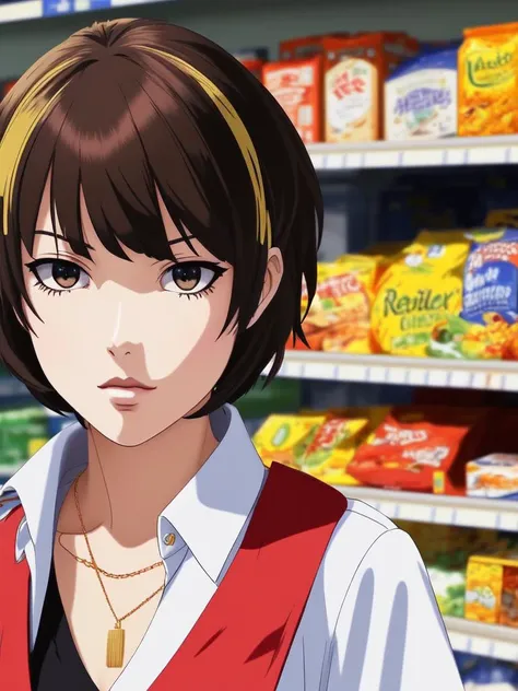 (in Shinkai Makoto style:1.2), 1950s suburbia, volumetric lighting, isometric, dark, Dreamworks, aesthetic,
1girl, wearing forest fire prevention specialist outfits, (Two-tone hair, bangs hair:1.36), Various postures, smirk, medium breasts,
front view , in the (supermarket:1.4),
Getty Images,
winter,
evening,, best quality, beautiful and delicate lips, delicate fingers, detailed pupil, illustration, manga, anime, 2D, paintings, sketches, NaturalHand2-3500