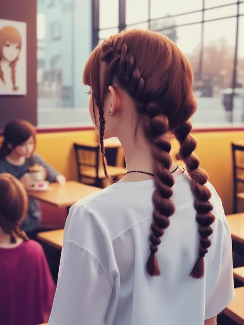 a close up of a woman with long red hair in a restaurant