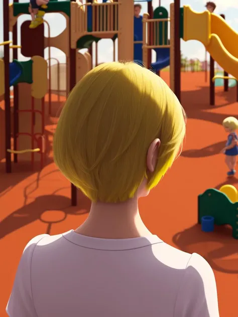 (diorama:1.2), gothic, dynamic lighting, Pattachitra, atmospheric, Blade Runner 2049, polarized light, 
1girl, wearing preschool teacher outfits, (pale yellow hair, pixie cut hair:1.36), Various postures, contemptuous, curvy, 
  from behind , in the (playground:1.4), 
DeviantArt,
summer,
evening,, best quality, beautiful and delicate lips, delicate fingers, detailed pupil, illustration, manga, anime, 2D, paintings, sketches, NaturalHand2-3500