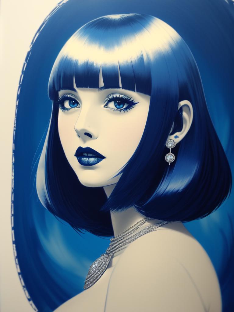 A close up of a woman with blue hair and a necklace - SeaArt AI
