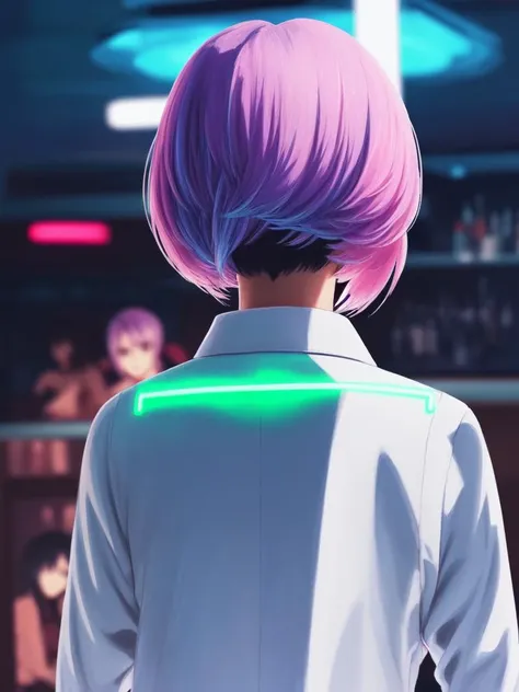 (in PSYCHO-PASS style:1.2), retro-futurism, lighting, gouache painting, macabre, Castlevania style, double exposure, 
1girl, wearing power tool repairer outfits, (neon pastel hair, hair intakes hair:1.36), Various postures, laugh, (mole under eye:0.2), 
  from behind , in the (hostess club:1.4), 
Getty Images,
fall,
dawn,, best quality, beautiful and delicate lips, delicate fingers, detailed pupil, illustration, manga, anime, 2D, paintings, sketches, NaturalHand2-3500