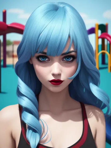 (horror:1.2), lunarpunk, iridescence, Demoscene, fearful, Dreamworks, lomo effect,
1girl, wearing occupational therapist outfits, (pale blue hair, medium long hair:1.36), Various postures, wavy mouth, sideboob,
from side , in the (playground:1.4),
Behance HD,
spring,
noon,, best quality, beautiful and delicate lips, delicate fingers, detailed pupil, illustration, manga, anime, 2D, paintings, sketches, NaturalHand2-3500