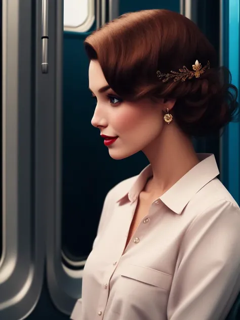 (Assemblage:1.2), sovietwave, lighting, soviet poster, desolate, Dota style, candle light,
1girl, wearing prepress technician outfits, (glow in the dark hair, messy hair:1.36), Various postures, smile, (mole:0.3),
from side , in the (on the train:1.4),
ArtStation,
winter,
noon,, best quality, beautiful and delicate lips, delicate fingers, detailed pupil, illustration, NaturalHand2-3500