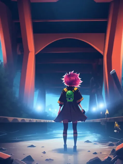 (Demoscene:1.2), sparklecore, holographic, coloring book style, excited, robloxcore, elegant,
1girl, wearing answering service operator outfits, (DayGlo hair, messy hair:1.36), Various postures, doyagao, shiny skin,
from behind , in the (under_bridge:1.4),
Flickr,
summer,
night,, best quality, beautiful and delicate lips, delicate fingers, detailed pupil, illustration, manga, anime, 2D, paintings, sketches, NaturalHand2-3500