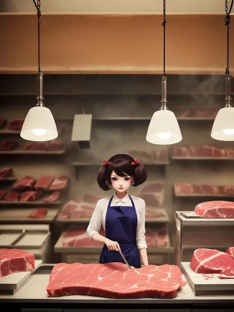 there is a woman standing in a butcher shop cutting meat