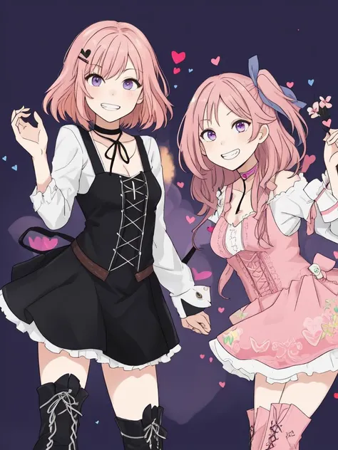 A trio of smiling girls with long, colorful hair pose for the camera, each wearing a different cute outfit. The girl in the center has bright pink hair and a playful expression, while the girl on the left has short blonde hair and a mischievous grin. The girl on the right has long, flowing purple hair and a serene gaze. They stand against a simple background, with a scattering of colorful flowers and a bright blue sky in the distance. Each girl's unique personality shines through in their clothing and accessories, from the girl on the left with her pink hair ribbon and heart-shaped hairclip, to the girl on the right with her black choker and lace-up boots.