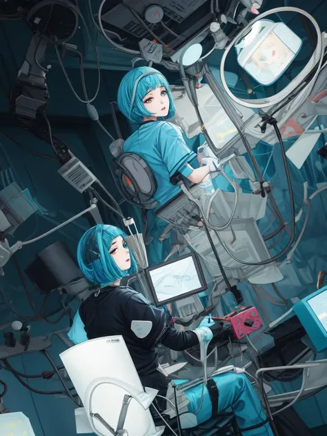 cyberpunked, 1girl, slender, wearing actuary outfits, (vibrant color scheme hair, short hair:1.36), faint lips, Various postures, contemptuous,
(freckles:0.5), (dark mole:0.3), (skin spots, acnes, skin blemishes, age spot, lanugo:0.3), from behind , in the (operating room:1.4),
Unsplash,
summer,
midday,
NaturalHand2-3500 <lora:flat2:-1>, best quality, beautiful and delicate lips, delicate fingers, detailed pupil, illustration, NaturalHand2-3500