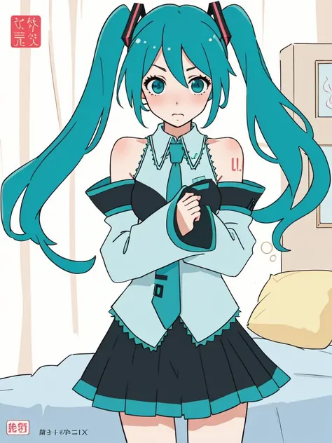 (cover, cover page:1.3), hatsune miku, twintails, green hair,bare shoulders, black skirt, black sleeves, detached sleeves, cyan shirt, hair ornament, (embarrassed:1.1), bedroom <lora:flat2:1>, in gochuumon wa usagi desu ka? style, nostalgic