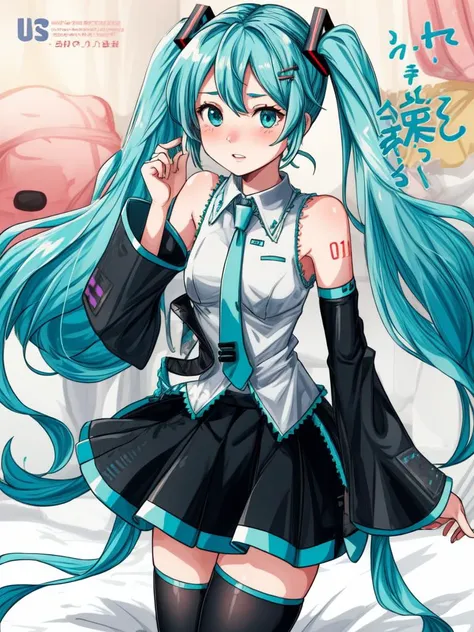 (cover, cover page:1.3), hatsune miku, twintails, green hair,bare shoulders, black skirt, black sleeves, detached sleeves, cyan shirt, hair ornament, (embarrassed:1.1), bedroom <lora:flat2:-1>, best quality, beautiful and delicate lips, delicate fingers, detailed pupil, illustration, NaturalHand2-3500, in gochuumon wa usagi desu ka? style, nostalgic