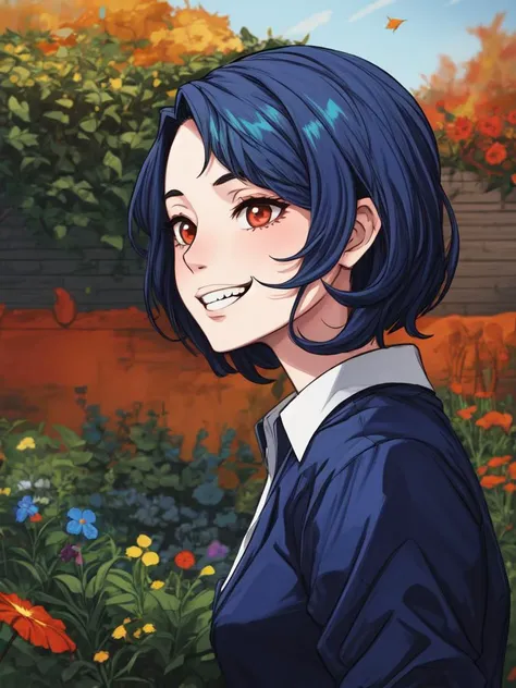 in PSYCHO-PASS style, 1girl, slender, wearing vocational education teacher outfits, (primary colors hair, choppy hair:1.36), faint lips, Various postures, seductive grin smug,
(freckles:0.5), (dark mole:0.3), (skin spots, acnes, skin blemishes, age spot, lanugo:0.3), from side , in the (garden:1.4),
zbrushcentral,
fall,
evening,
NaturalHand2-3500 <lora:flat2:-1>, best quality, beautiful and delicate lips, delicate fingers, detailed pupil, illustration, NaturalHand2-3500