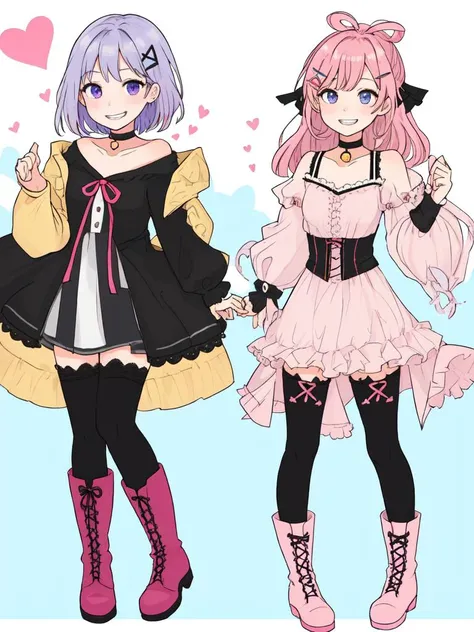 A trio of smiling girls with long, colorful hair pose for the camera, each wearing a different cute outfit. The girl in the center has bright pink hair and a playful expression, while the girl on the left has short blonde hair and a mischievous grin. The girl on the right has long, flowing purple hair and a serene gaze. They stand against a simple background, with a scattering of colorful flowers and a bright blue sky in the distance. Each girl's unique personality shines through in their clothing and accessories, from the girl on the left with her pink hair ribbon and heart-shaped hairclip, to the girl on the right with her black choker and lace-up boots.