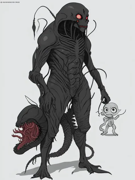 object head, full body,simple background, predator,alien, looking afar, red eyes,standing,cartoon style, joe fenton, a black and white photo of deadpan, camping, unbecoming, gnawling, envy, Ghast (Lovecraftian),calm, soft smile, Wayne Barlowe, tsutomu nihei,