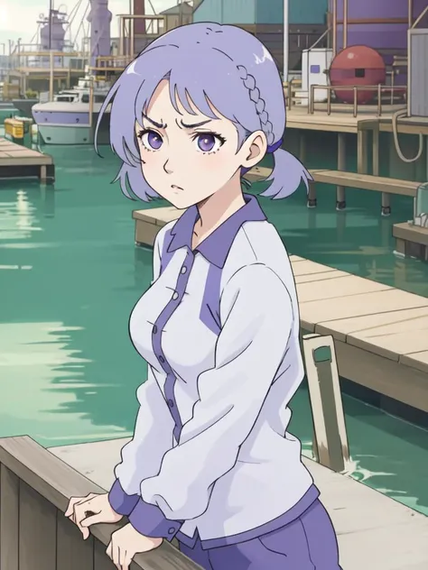 autochrome, 1girl, wearing barback outfits, (pastel purple hair, short twintails hair:1.36),
, Various postures, contemptuous, annoyed, disproportionate breasts,
(freckles:0.5), (dark mole:0.3), (skin spots, acnes, skin blemishes, age spot, lanugo:0.3), front view , in the (wharf:1.4),
cgsociety,
spring,
twightlight,
<lora:flat2:1>,, in gochuumon wa usagi desu ka? style, nostalgic