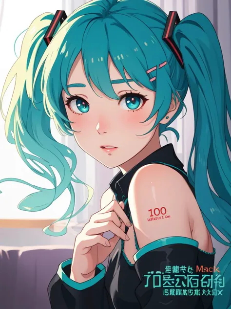 (cover, cover page:1.3), hatsune miku, twintails, green hair,bare shoulders, black skirt, black sleeves, detached sleeves, cyan shirt, hair ornament, (embarrassed:1.1), bedroom, Ultra-high quality photos, RAW photo, beautiful detailed face and eyes, (photorealistic:1.4), best quality, highres, realistic, 16k, caustics, Core shadow, dynamic light, beautiful and delicate lips, delicate fingers, detailed pupil, real human skin, (Extremely detailed),