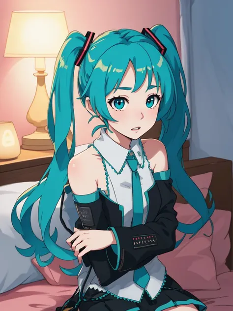 (cover, cover page:1.3), hatsune miku, twintails, green hair,bare shoulders, black skirt, black sleeves, detached sleeves, cyan shirt, hair ornament, (embarrassed:1.1), bedroom, Ultra-high quality photos, RAW photo, beautiful detailed face and eyes, (photorealistic:1.4), best quality, highres, realistic, 16k, caustics, Core shadow, dynamic light, beautiful and delicate lips, delicate fingers, detailed pupil, real human skin, (Extremely detailed),