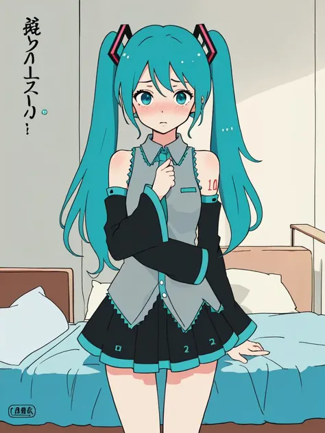 (cover, cover page:1.3), hatsune miku, twintails, green hair,bare shoulders, black skirt, black sleeves, detached sleeves, cyan shirt, hair ornament, (embarrassed:1.1), bedroom <lora:flat2:1>, in gochuumon wa usagi desu ka? style, nostalgic